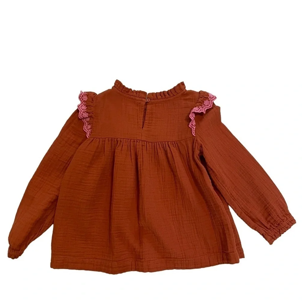 Cat & Jack Rust and Pink Ruffle Long Sleeve Smocked Chest Shirt Size S 6/6X